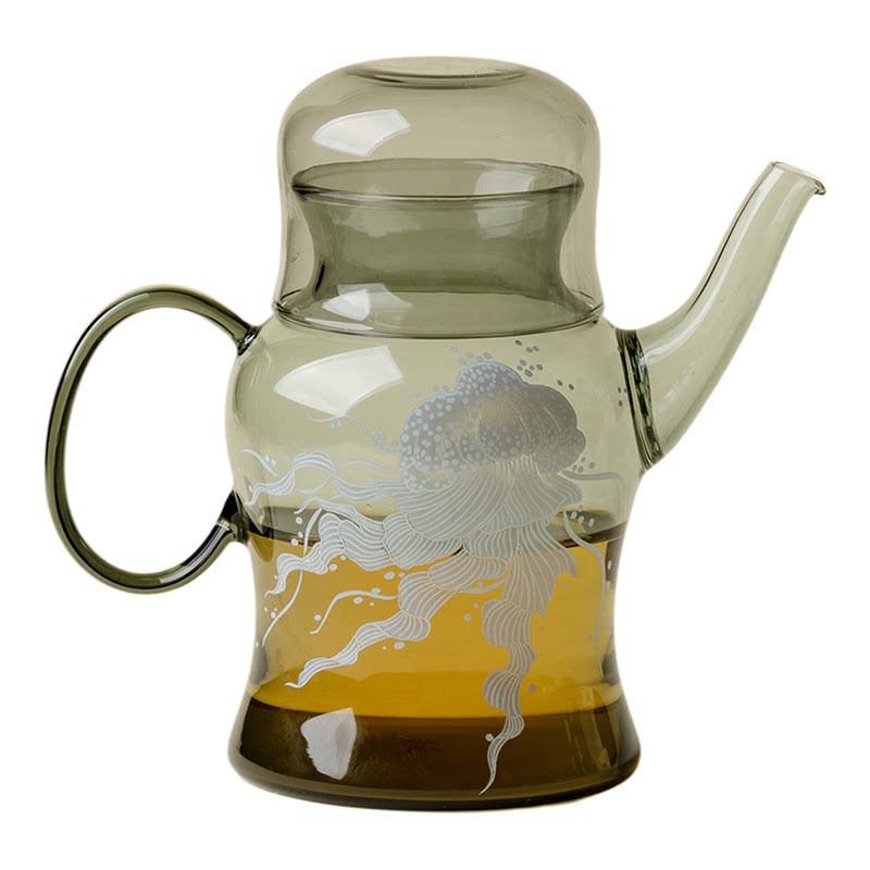 繁野烟灰月潋水母耐热玻璃小茶壶简易功夫茶具便携一壶一杯泡茶壶