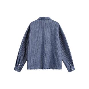 布老哥Blog美式复古cleanfit毛边蓝格子衬衫简约短款显高外套W422