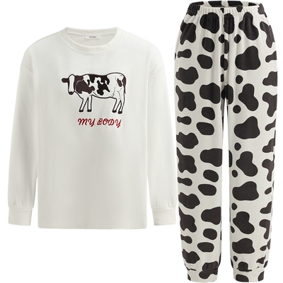 商场同款MYBODY新款睡衣女基础圆领奶牛印花柔软法兰绒长袖家居服