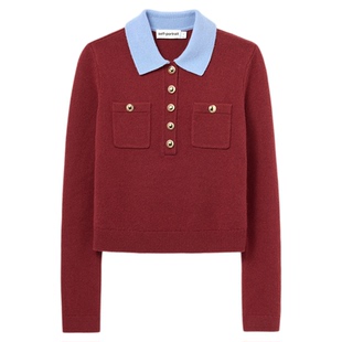 self-portrait 2025秋冬新款酒红色翻领羊毛羊绒针织毛衫上衣