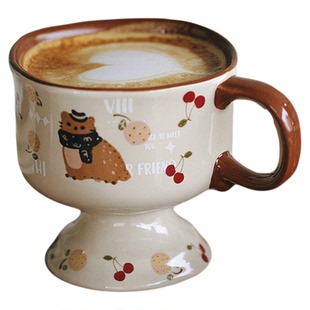 泽滕家可爱高脚马克杯卡通插画咖啡牛奶早餐豆浆燕麦果汁情侣水杯