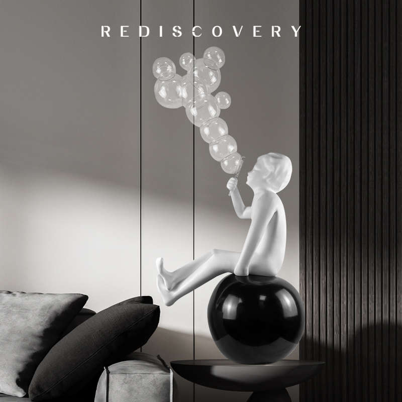 现代卡通大型落地软装吹泡泡人物雕塑摆件玄关大堂样板房艺术装置