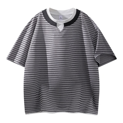 GLM假两件复古条纹短袖T恤男夏季潮牌宽松撞色拼接休闲体恤上衣
