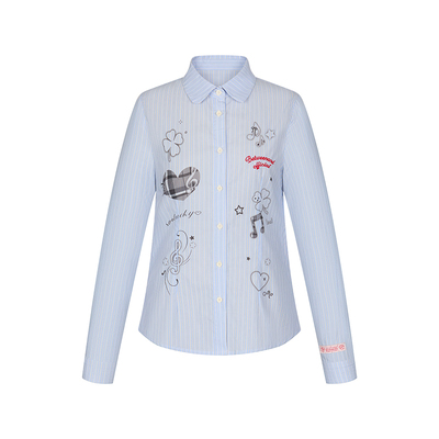 蓝色条纹收腰纯棉长袖衬衫女显瘦