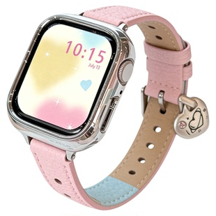 【原创设计】适用iWatch S11表带AppleWatch10爱心满天星镶钻挂件时尚YS女款荔枝纹皮质苹果手表ultra3手腕带