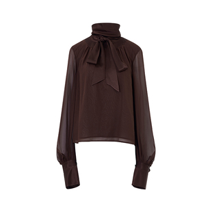 AS DALIO25春夏法式深咖色真丝绑带上衣优雅飘带设计气质通勤衬衫