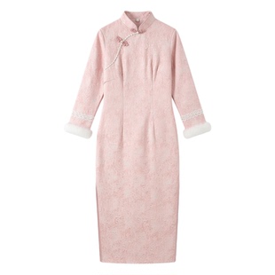 粉色复古国风中式长袖加绒加厚冬装旗袍2026新款年轻款气质高级感