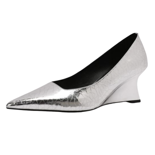 步享~ 仙女风性感尖头小银鞋女春季气质欧美高级感坡跟单鞋高跟鞋