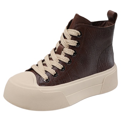 牛皮时尚新款厚底气质短靴女款真皮加绒2025冬季女式系带休闲板鞋