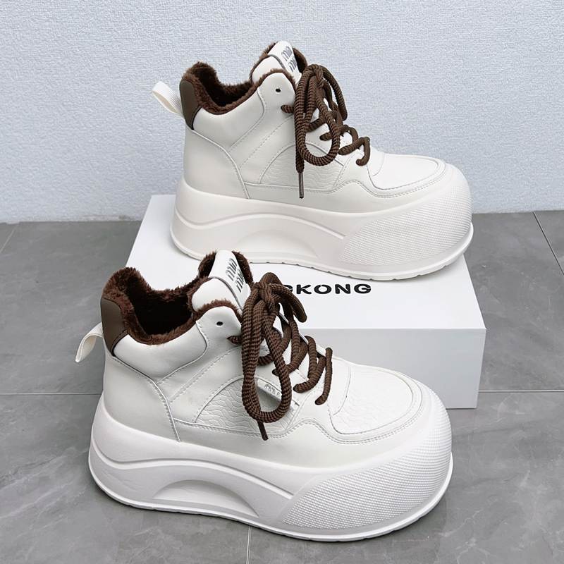 加绒高帮鞋女2025秋冬季新款真皮小白鞋百搭小个子厚底休闲松糕鞋