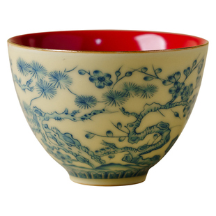 高颜值岁寒三友茶杯陶瓷宫廷红主人杯高档个人专用茶具品茗杯茶盏