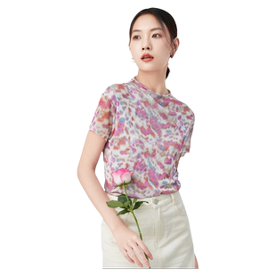 米皇春夏高领短袖真丝上衣女时尚知性印花薄款桑蚕丝T恤
