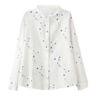 春季新款棉麻白衬衫女长袖宽松韩版打底衫百搭小碎花衬衣复古上衣