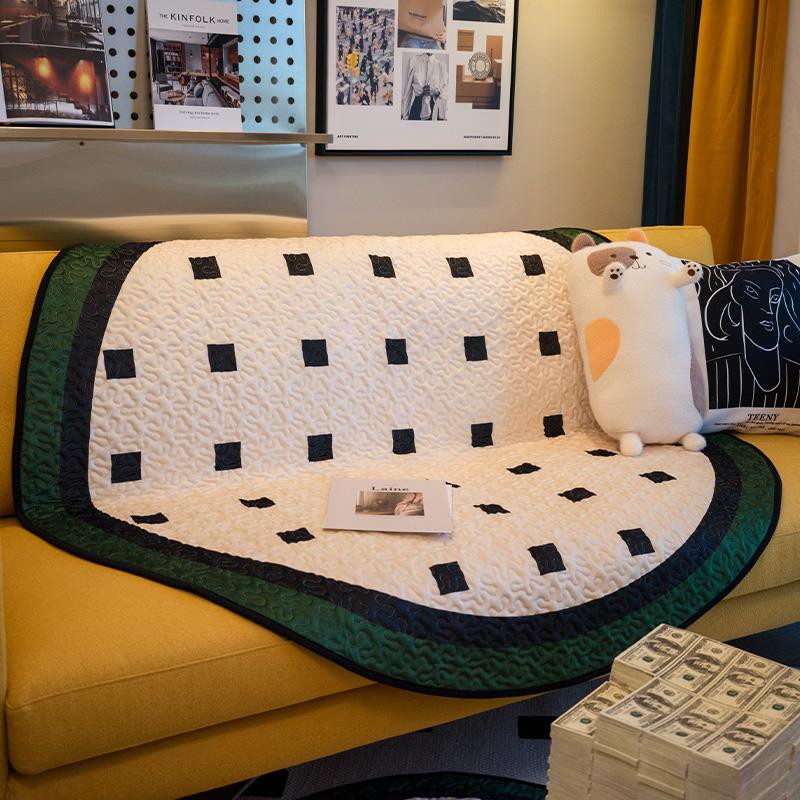 复古墨绿几何方块沙发垫秋冬巾沙发沙发防滑垫坐垫新款盖圆形客厅