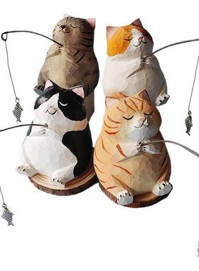 神工巧匠小猫钓鱼木雕纯手工雕刻