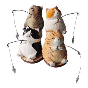 爆款小猫钓鱼木雕纯手工雕刻桌面摆件 实木小胖猫 创意手作肥猫