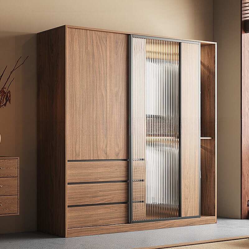 北欧实木衣柜卧室家用小户型新款简易组合大衣橱玻璃推拉门储物柜