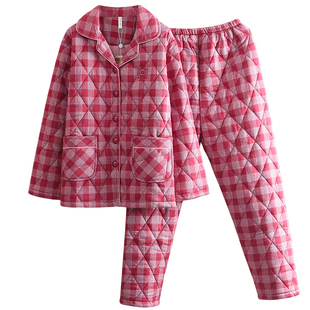 #100%棉#薄款纯棉夹棉睡衣女冬季保暖全棉格子薄棉睡衣家居服套装