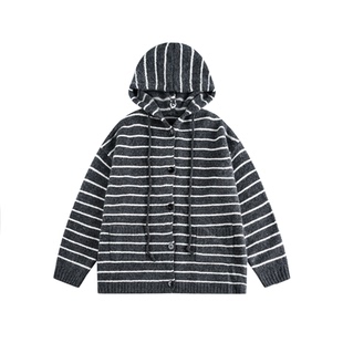 短句先生条纹连帽针织开衫毛衣