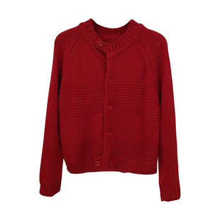 花花家韩系2025秋冬新款红色针织开衫女宽松显瘦百搭长袖毛衣外套