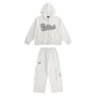 ROCKYROAD童装美式复古字母刺绣连帽卫衣拉链开衫白色宽松外套