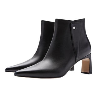 Nine West/玖熙通勤尖头真皮细跟短靴女侧拉链配西装异型跟时装靴