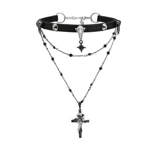 渡鸦系列原创小众设计皮项圈叠带高级双层十字架项链乌鸦chocker