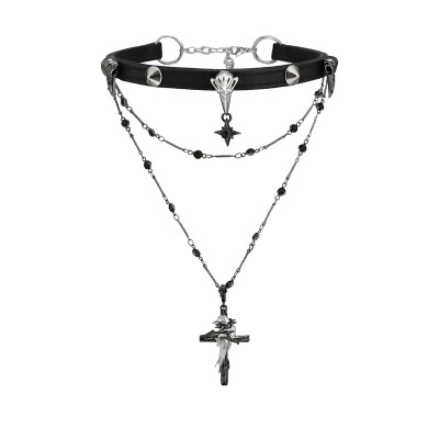 渡鸦系列原创小众设计皮项圈叠带高级双层十字架项链乌鸦chocker
