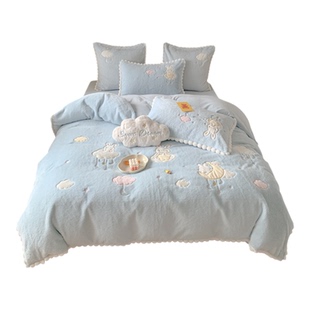 卡通可爱兔兔绒刺绣四件套加厚保暖牛奶绒床上用品秋冬珊瑚绒被套