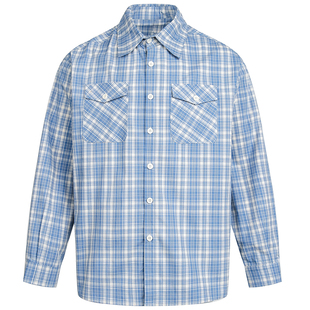 OV原创美式蓝白格纹翻领长袖衬衫女春季学院风宽松情侣休闲衬衣男