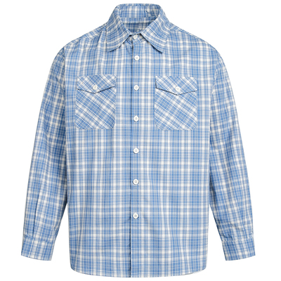 原创美式蓝白格纹翻领长袖衬衫潮