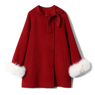 【折】 轻奢显贵羊毛天丝袖口拼狐狸毛边领口系带宽松双面呢大衣
