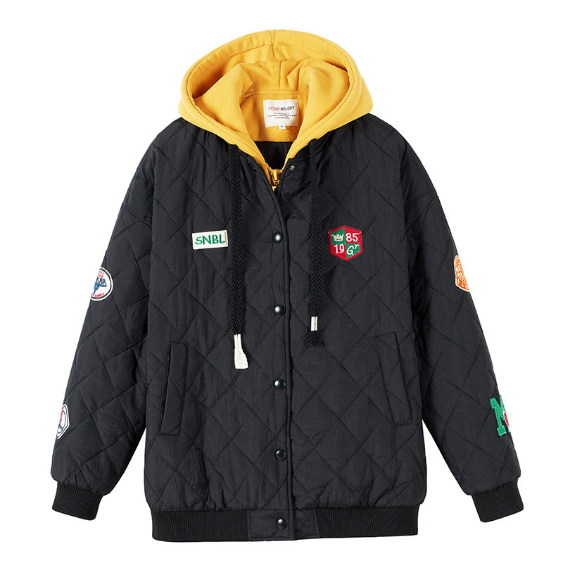 加厚假两件休闲宽松绣标棉服