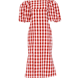 夏季女装2026新款甜美减龄红白格纹泡泡袖修身收腰显瘦连衣裙长裙