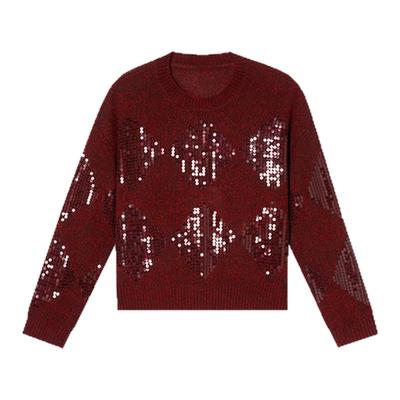 诗篇专选复古枣红圆领亮片套头长袖针织衫2025冬季新款
