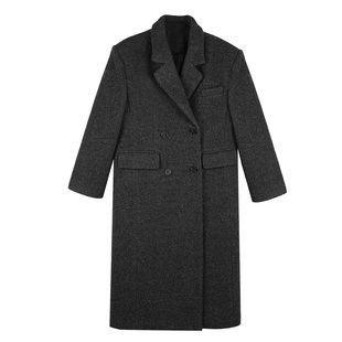 ousph【现货4折】黑色高级感中长款毛呢外套女双排扣羊毛呢子大衣