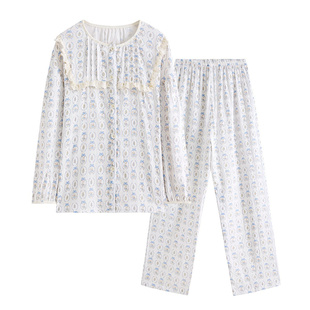 康妮雅睡衣女秋季可外穿高级感花边家居服日系套装开衫全棉