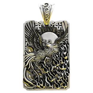 涅槃重生 浴火纯银凤凰吊坠男 孔雀潮流复古霸气银牌项链孔雀男女