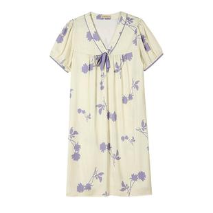 秋鹿仿真丝睡裙夏季女半袖V领简约印花连衣裙中长款南韩丝女裙子