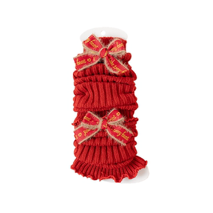 女童红色中筒袜套儿童春秋冬季针织毛线蝴蝶结圣诞新年小腿堆堆袜