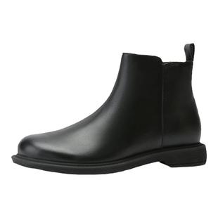 金利来女鞋秋季新款平底皮靴保暖加绒靴子黑色低跟短靴女切尔西靴