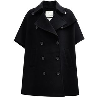 SEASONHIGH秋冬女士翻领毛呢外套宽松五分袖潮流纽扣羊毛大衣女款