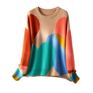 多巴胺配色~100纯山羊绒衫女时尚拼色提花圆领套头长袖上衣