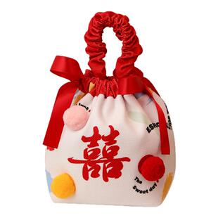 伴手礼袋结婚喜字婚庆手提喜糖袋2025新款婚礼回礼袋布艺抽绳喜袋