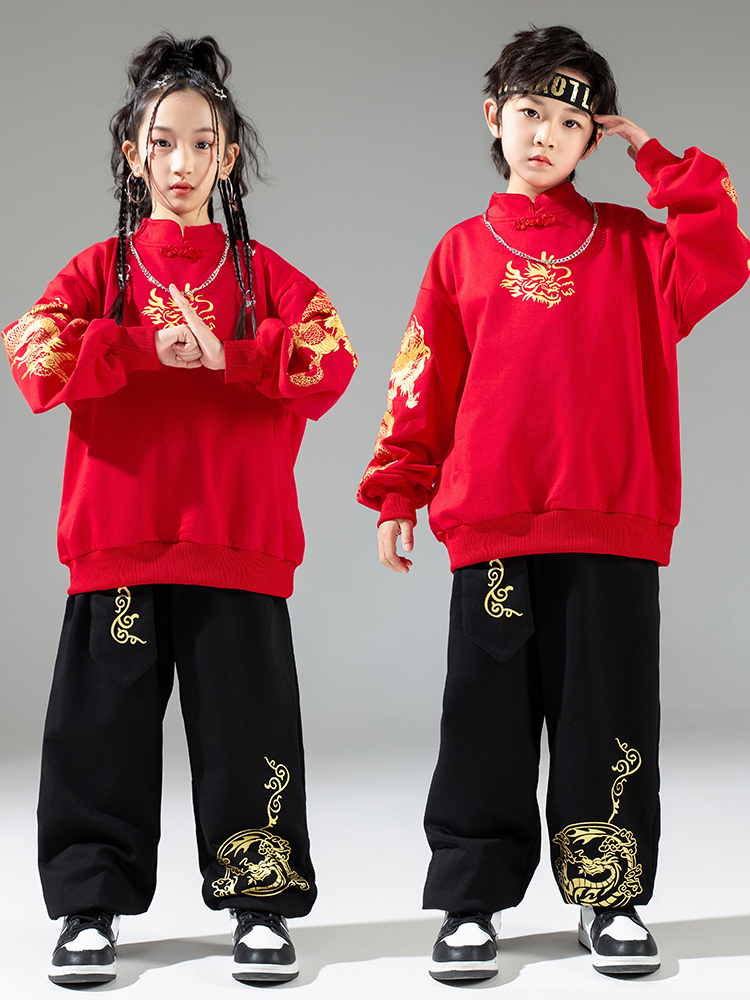 元旦儿童合唱演出服喜庆拜年服男童中国风街舞套装女童表演服装潮