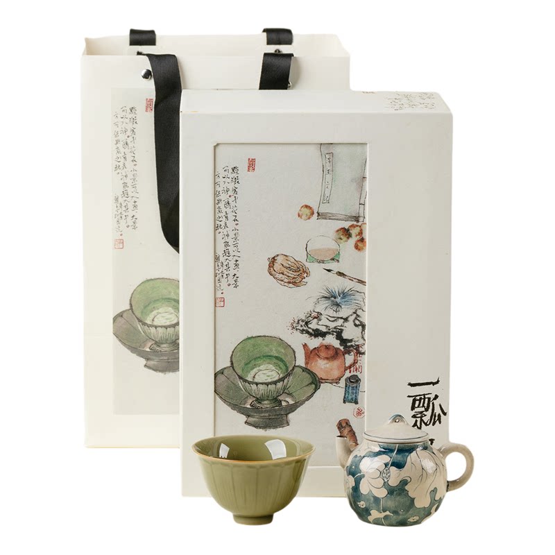 里作 越窑青瓷主人杯一人饮茶具手绘飞鹤九霄茶壶礼盒套装伴手礼