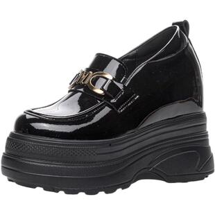 11CM内增高乐福鞋女真皮厚底黑色小皮鞋懒人一脚蹬超高跟工作单鞋