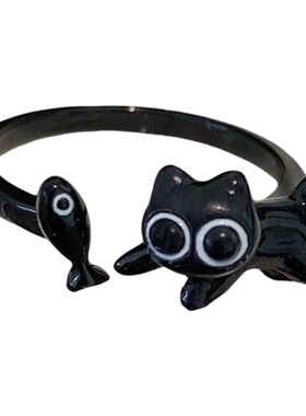 新款创意可爱小黑猫开口情侣戒