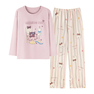 卡之恋长袖睡衣女款春秋季纯棉加厚带胸垫粉色条纹睡裤可爱家居服