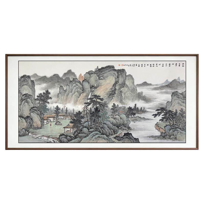 新中式手绘高崖云壑山水客厅挂画